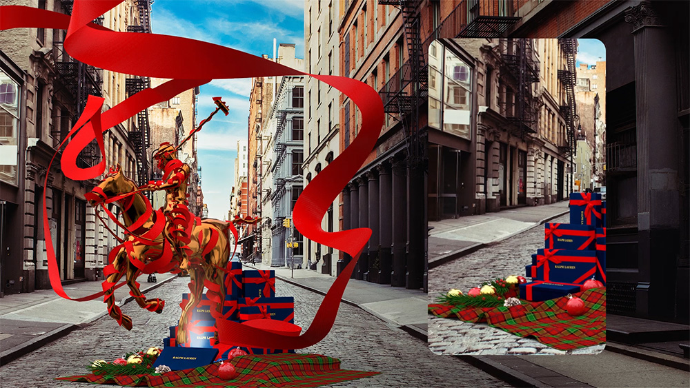 A gif showing the AR Christmas campaign with iconic red ribbon forming Ralph Lauren pony