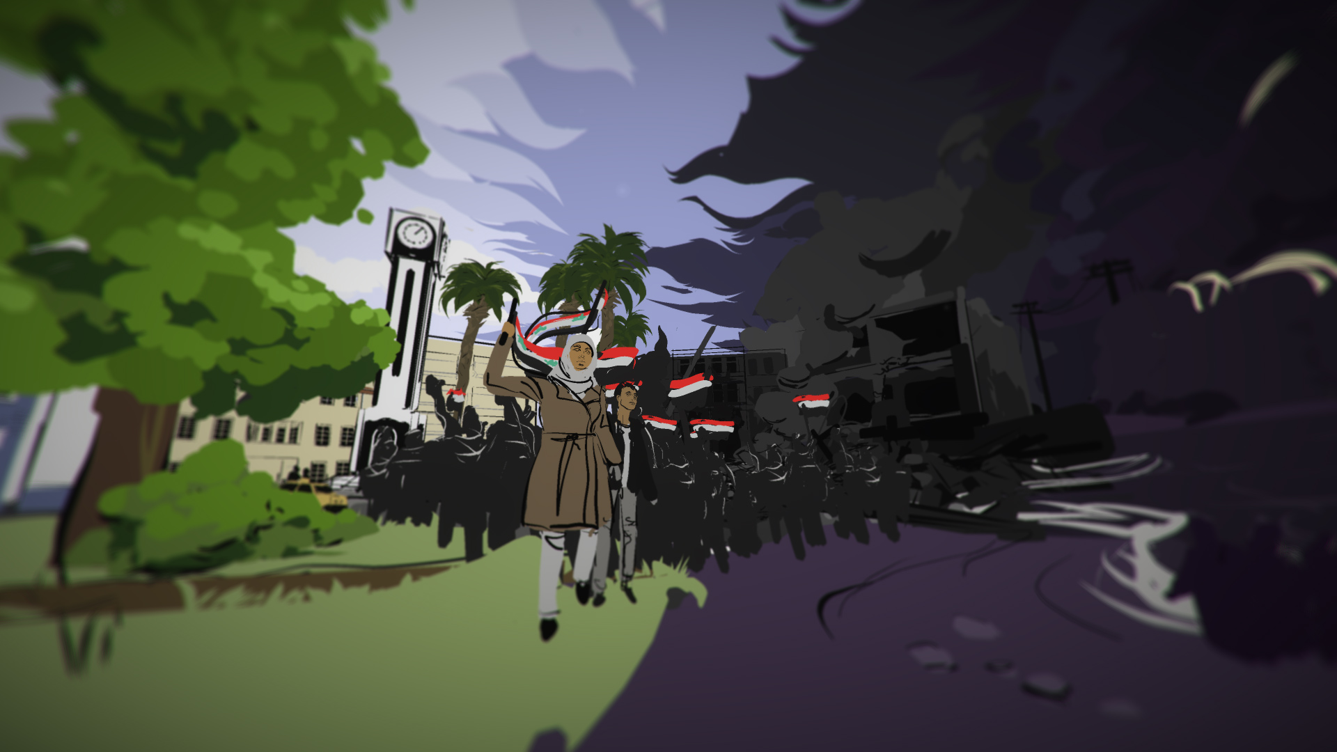 A screenshot from Sea Prayer showing a group of protestors in Homs, in an illustrated style