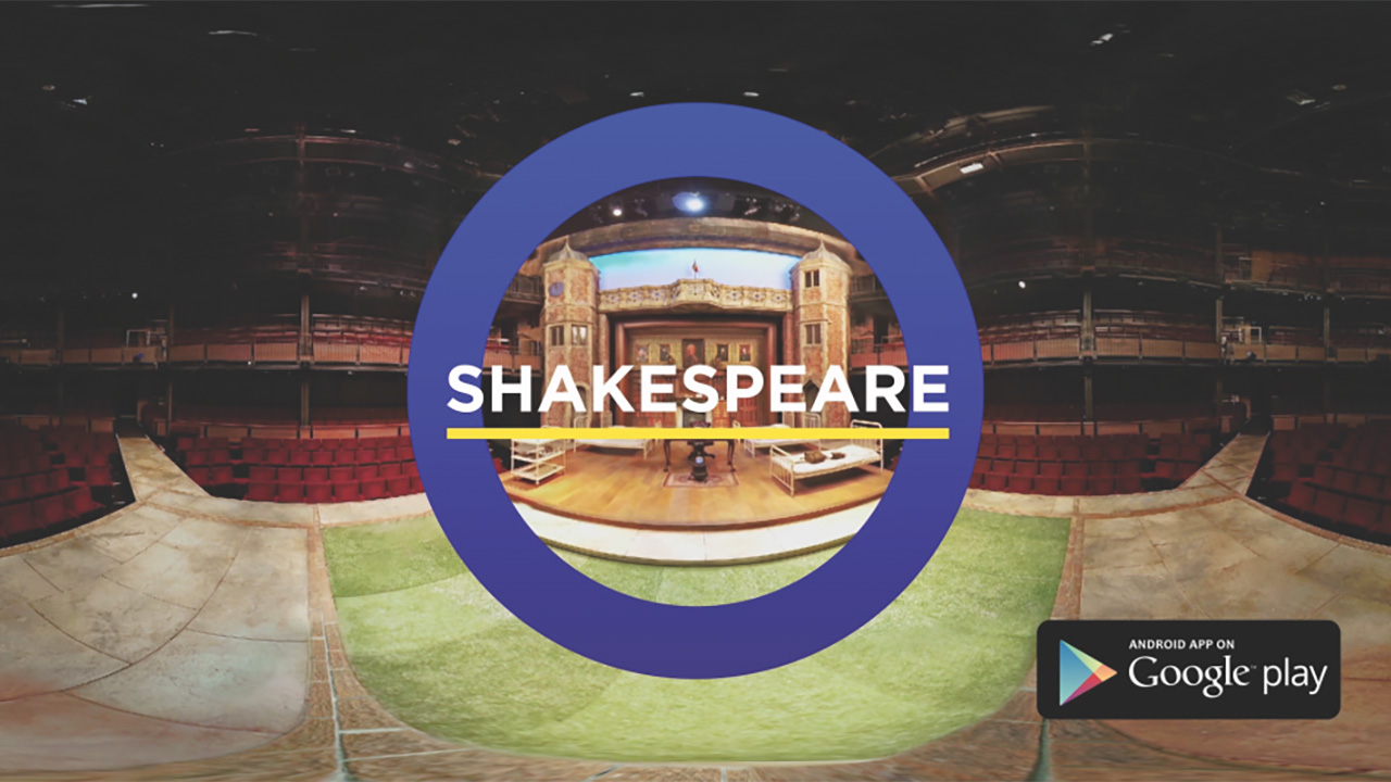 SHAKESPEARE: Circular VR viewer graphic showing an ornate theatre stage set with a bed and antique furniture, framed within a darkened theatre auditorium with red seating, alongside an Android app on Google Play badge.