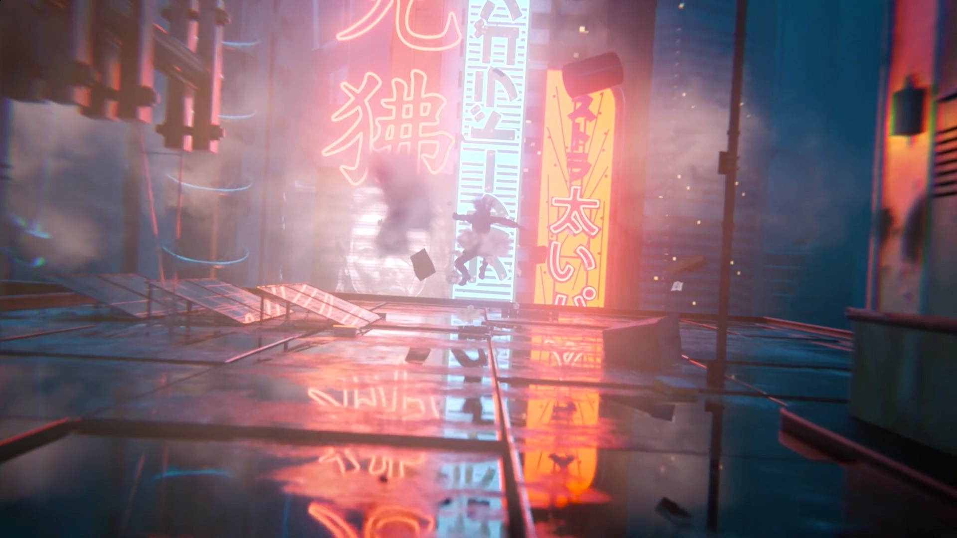 Cyberpunk city scene with glowing neon signs in Japanese and Chinese characters, a wet reflective rooftop surface, and two silhouetted figures falling amid smoke and scattered debris.