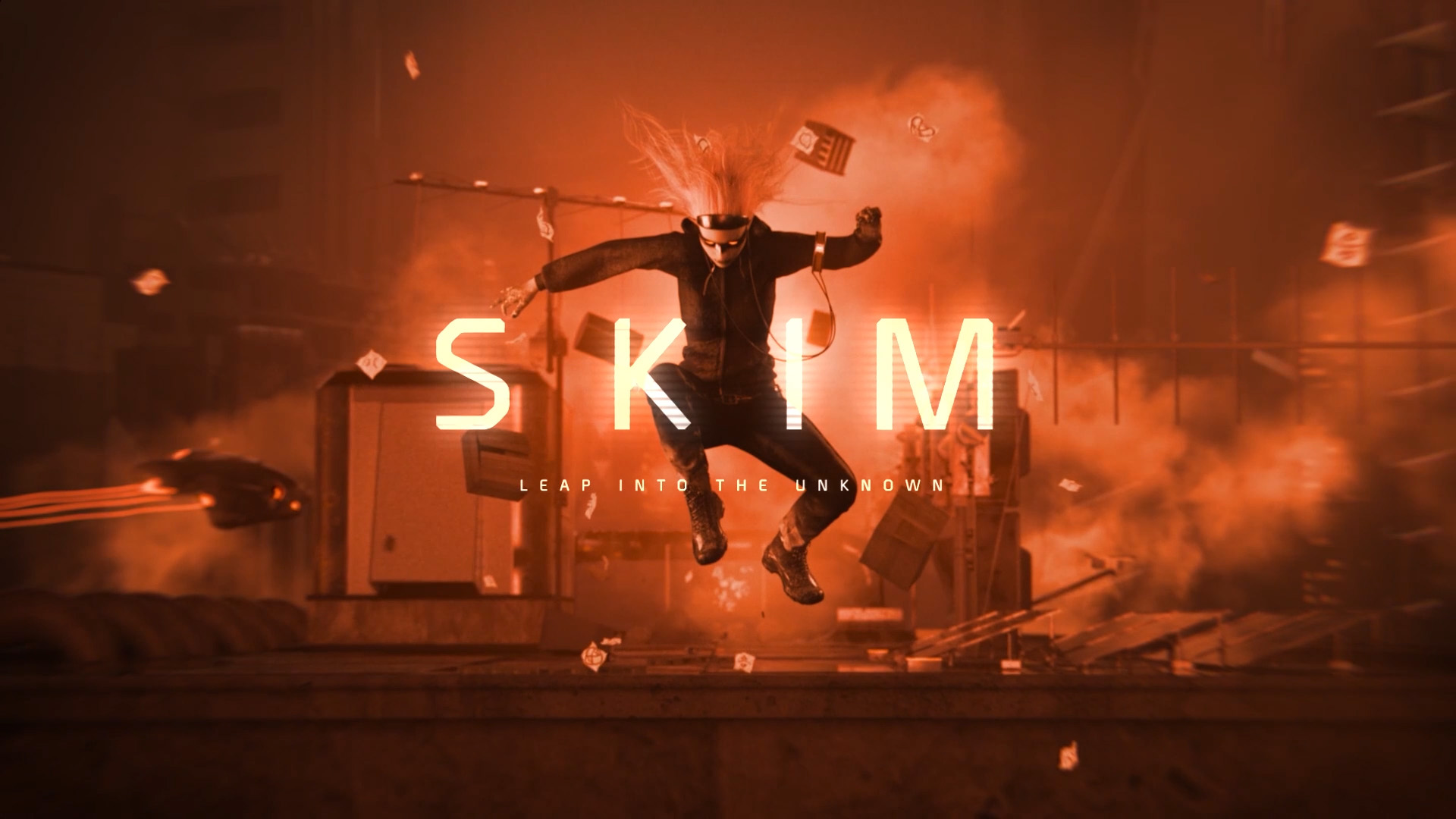 Cinematic scene of a futuristic figure mid-leap through an orange haze, wearing a headset with cables trailing, as explosions and debris fill the background. Large glowing text reads “SKIM” with the tagline “Leap into the Unknown.