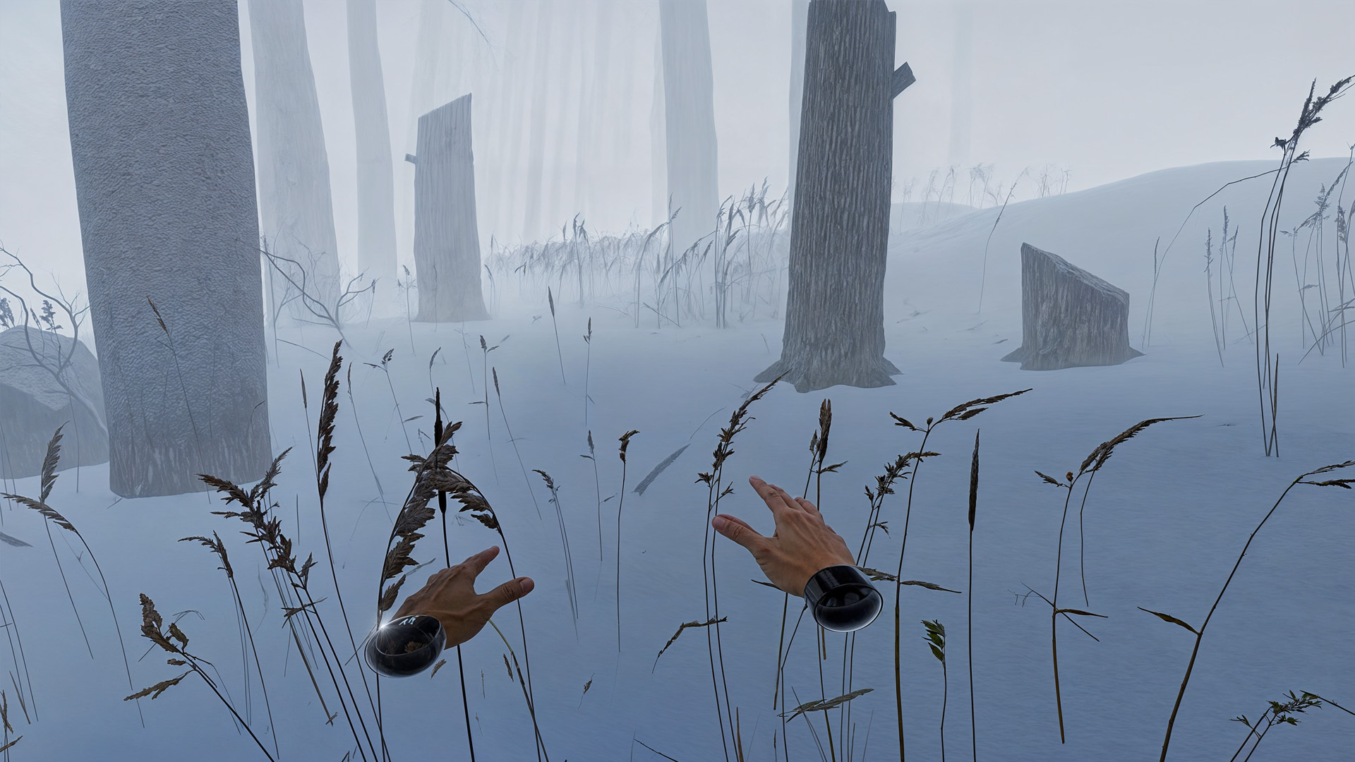 A screenshot of a VR game showing the users hands in a forest battered by a snowstorm