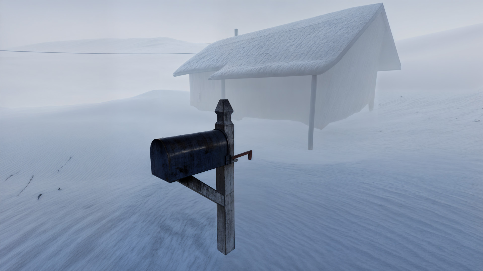 A US-style postbox standing nearby a small house, covered in snow, surrounded by a snowstorm